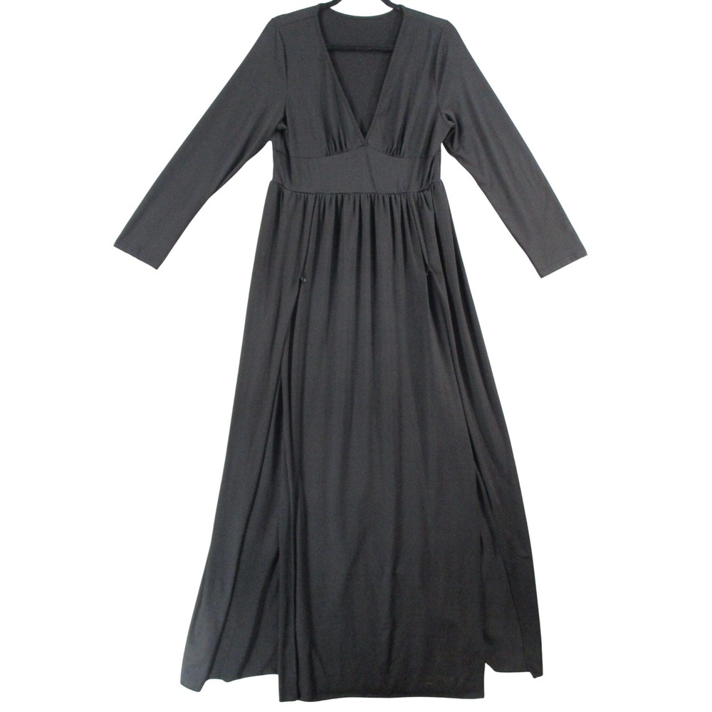SILUI Womens Long Sleeve V-Neck Empire Waist Maxi Dress Black Solid Size XL